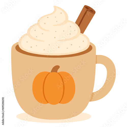 Cozy autumn illustration of a pumpkin spice latte in a mug with whipped cream and cinnamon stick in flat style isolated on white background. Cozy seasonal coffee drink design.