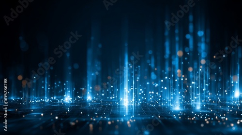 Stunning digital abstract background with glowing blue light streams and particles creating a futuristic, high-tech data flow visualization