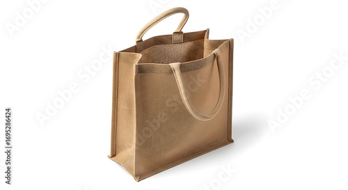 A light brown jute tote bag with leather handles, shown open on a white background.