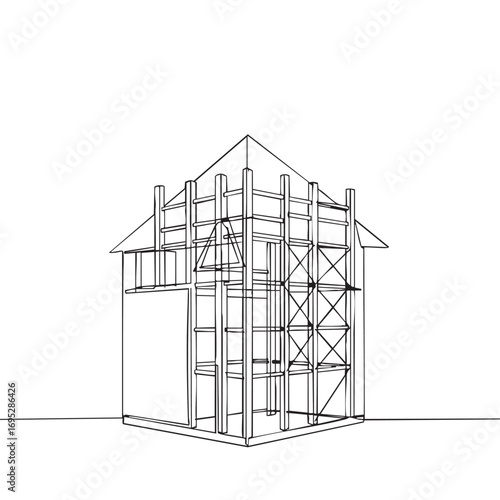 A minimalist continuous line drawing elegantly depicts the skeletal timber frame of a house under construction, symbolizing architectural development and future home design.