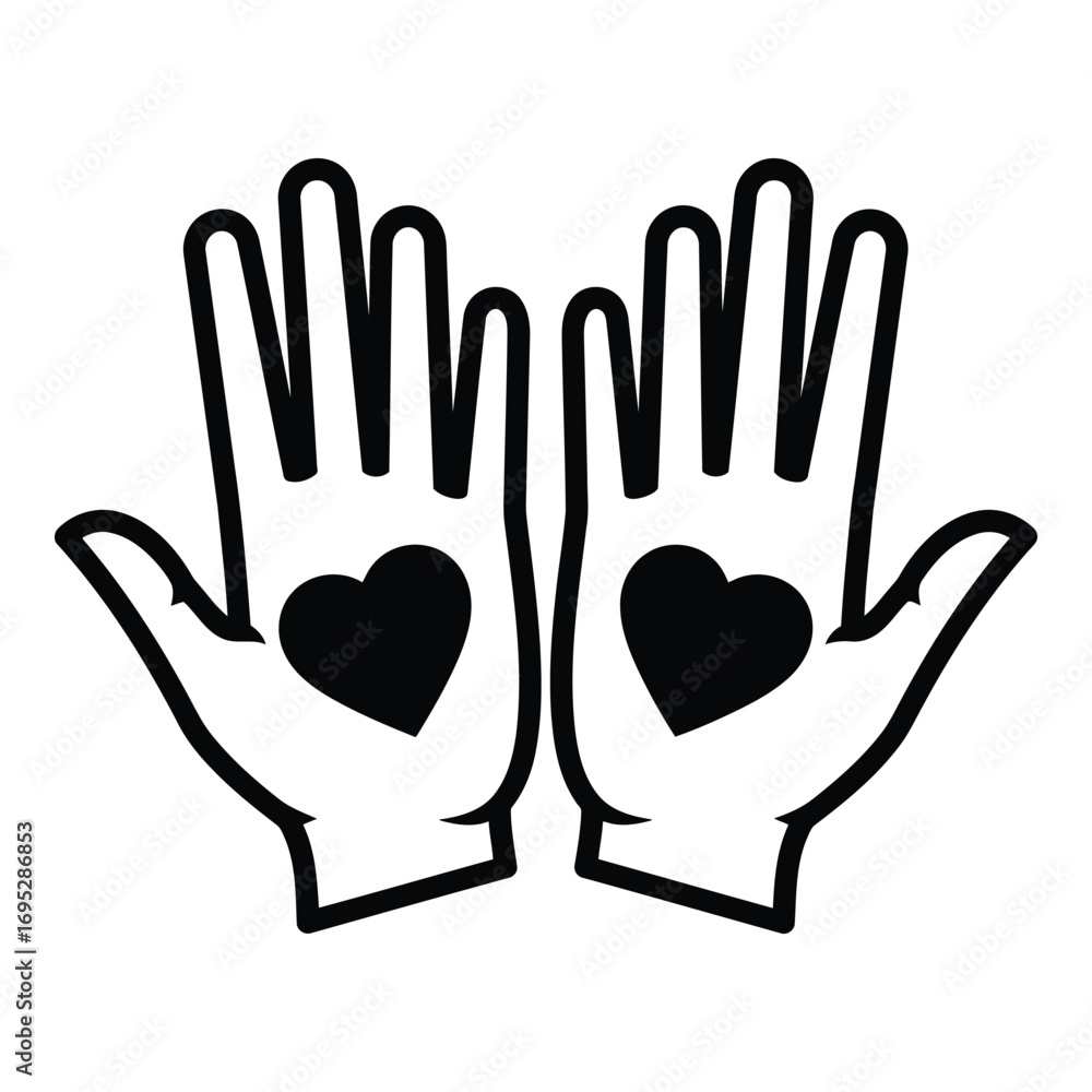 Obraz premium Art of two open hands with black hearts in the center, isolated on white background, symbolizing love and care