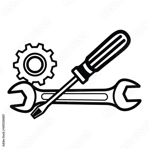 Art of black silhouette of a wrench, screwdriver, and gear, symbolizing tools, mechanics, and engineering concepts