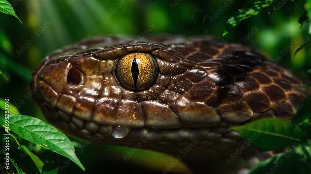 Close-up macro shot of a venomous viper snake with striking golden eyes, hidden amongst lush green foliage Close-up macro shot of a venomous viper snake with striking golden eyes, hidden amongst lush green foliage