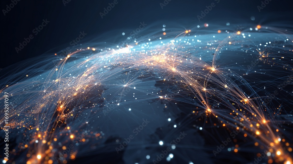 Obraz premium Dynamic global network connecting cities with vibrant lights and data streams, showcasing digital innovation and worldwide communication.