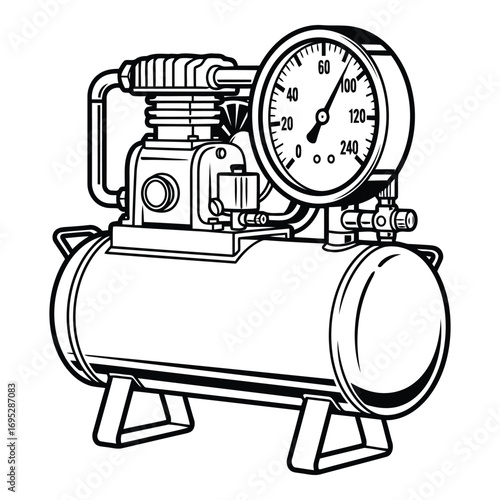 Art of black and white line art of an air compressor with a pressure gauge, isolated on white background