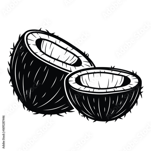 Art of a striking black and white graphic of a halved coconut, showcasing its fibrous exterior and juicy interior, isolated on a clean white background