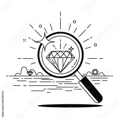 Art of magnifying glass over diamond isolated on white background, representing search, discovery, and finding valuable assets for business and finance