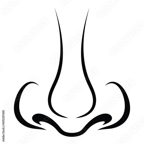 Art of a minimalist black and white line drawing of a human nose, isolated on white background