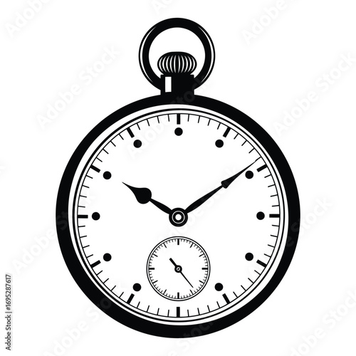 Art of classic vintage pocket watch with analog dial and hands, isolated on white background