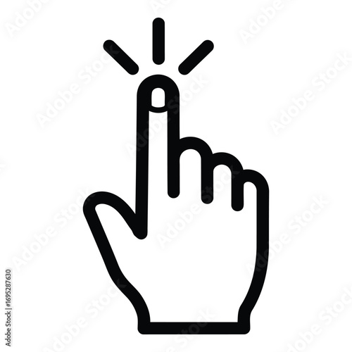 Art of a simple black and white line art icon of a finger pointing, isolated on white background