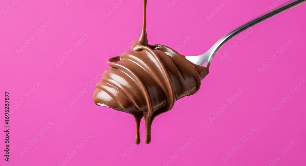 Fototapeta premium Spoonful of Nutella dessert mid-air, dripping motion, bright magenta background, indulgent modern food photography for sweets and dessert branding