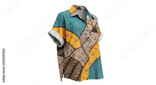 A colorful patterned shirt with short sleeves and a collar, featuring a mix of yellow, blue, and brown designs, isolated on a white background.