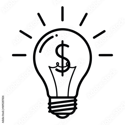 Art of a simple line drawing of a lightbulb with a dollar sign inside, symbolizing a financial idea or moneymaking concept, isolated on white background