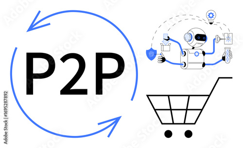 Robot performing tasks thumbs up automation, data transfer, and workflow management near shopping cart and P2P arrows. Ideal for technology, AI, e-commerce, workflow, peer-to-peer networks