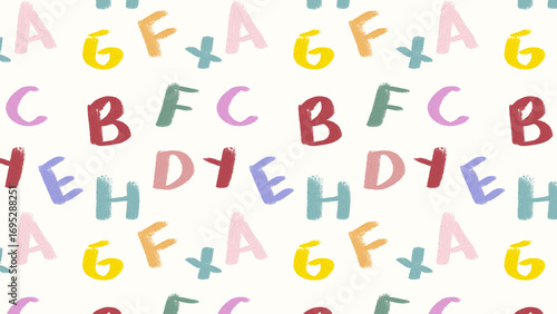 Playful seamless pattern with colorful hand-drawn alphabet letters. Fun design for kids and education projects.