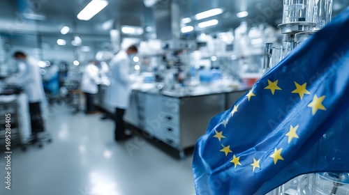 European Union flag waving in modern laboratory with scientists conducting research, symbolizing innovation and collaborative science across the EU.