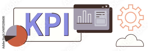 KPI text with bar chart, pie chart, gear, and cloud icon emphasizing metrics, performance tracking, business operation, and technology integration. Ideal for data analysis, optimization innovation