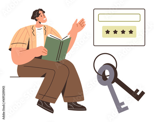Man holding an open book, gesturing thoughtfully, with keys and a login username and rating field. Ideal for education, security, access, learning, knowledge safety digital technology. Simple flat