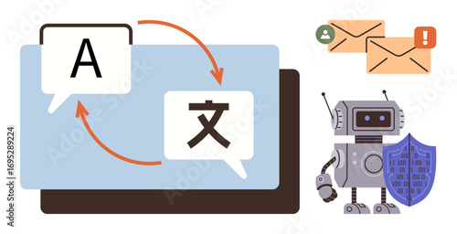 Language translation process with speech bubbles, email notifications, robot with shield protection. Ideal for AI, tech innovation, cybersecurity, automation, communication, translation simplicity