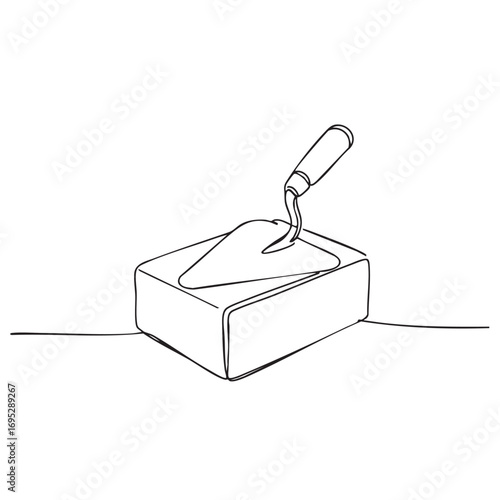 A continuous line drawing illustrates a construction trowel resting atop a sturdy brick, symbolizing building and craftsmanship.