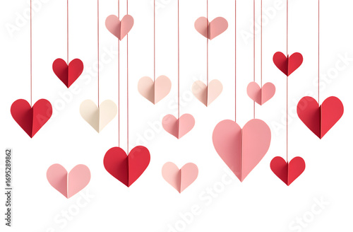 Assortment Of Folded Paper Hearts In Shades Of Pink And Red Hanging Against A Black Background valentines day isolated on a transparent background