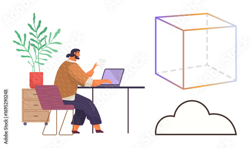 Worker reads document at desk with laptop and potted plant. Abstract cube and cloud symbolize creativity, cloud technology, and design thinking. Ideal for productivity, work-life balance, cloud