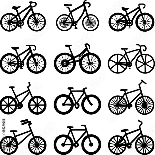 Set of Twelve Black Silhouette Bicycle Icons in Various Styles and Poses Keywords: bicycle bike cycle transportation vehicle silhouette icon graphic design element illustration vector graphic set