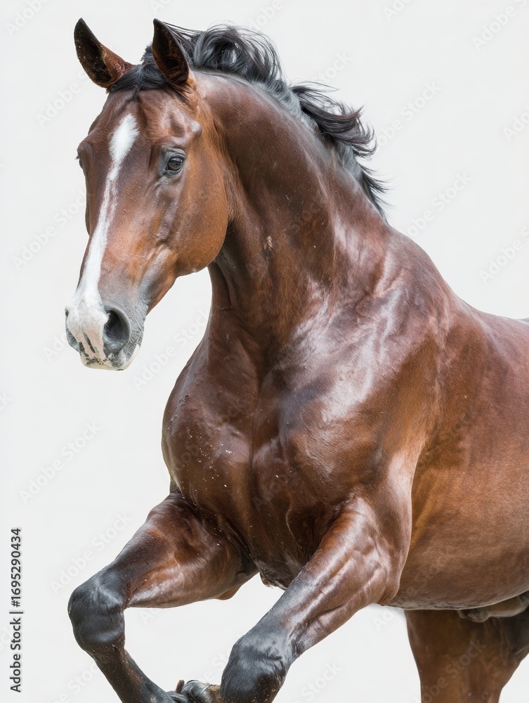 Naklejka premium Majestic Brown Horse Performing a Leap Against a Plain Background in a Sunny Outdoor Setting During the Afternoon