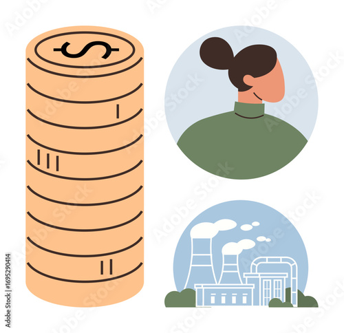 Tall stack of coins, a woman in profile, and an industrial plant emitting smoke. Ideal for finance, economy, sustainability, industry, gender equality investment and production themes. Simple flat