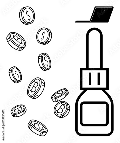 Coins with dollar and bitcoin symbols, along with a dropper bottle and laptop, evoke themes of cryptocurrency, online business, investing, digital payment, e-commerce, health-tech, and modern