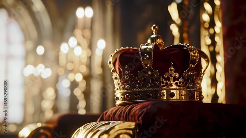 Detailed Golden Crown with Jewel Embellishments on Red Velvet Pillow with Blurred Candlelit Background