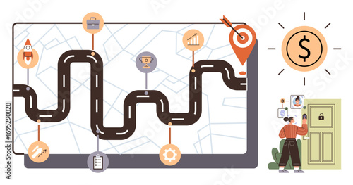 Winding road with milestone icons showing progress to a financial goal. Worker analyzing data at door. Ideal for business strategy, financial planning, progress tracking, goal setting, career growth