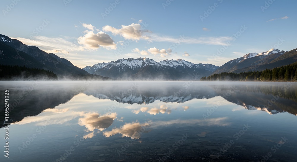 Fototapeta premium Calm lake reflects snow-capped mountains and fluffy clouds under a blue sky.