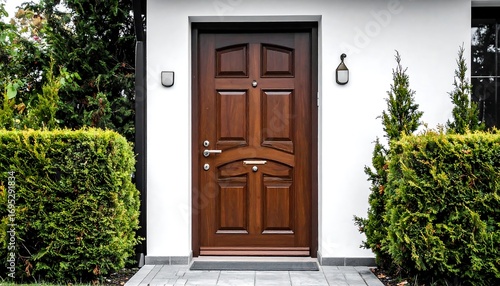 Elegant home entrance featuring a wooden door and manicured greenery