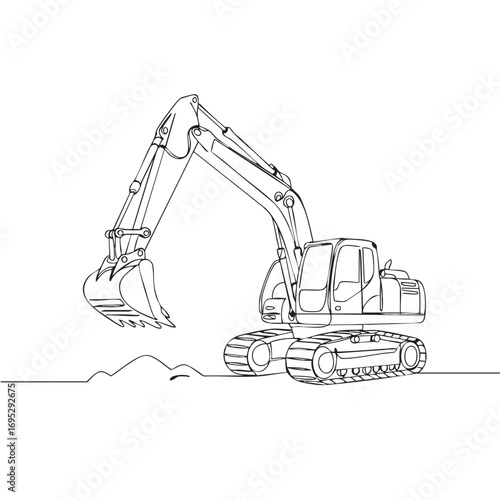 A modern excavator, expertly rendered in a sleek continuous line art style, stands ready for heavy construction work and earthmoving projects.