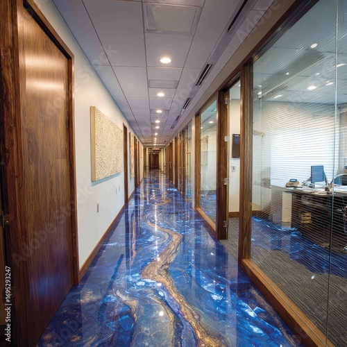 A modern office hallway showcases a stunning, glossy blue and gold epoxy resin floor, contrasting beautifully with the rich wooden doors and walls.