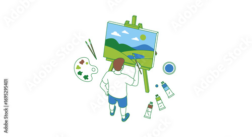 artist painting landscape on easel, art supplies, creative process, painter at work, nature scene