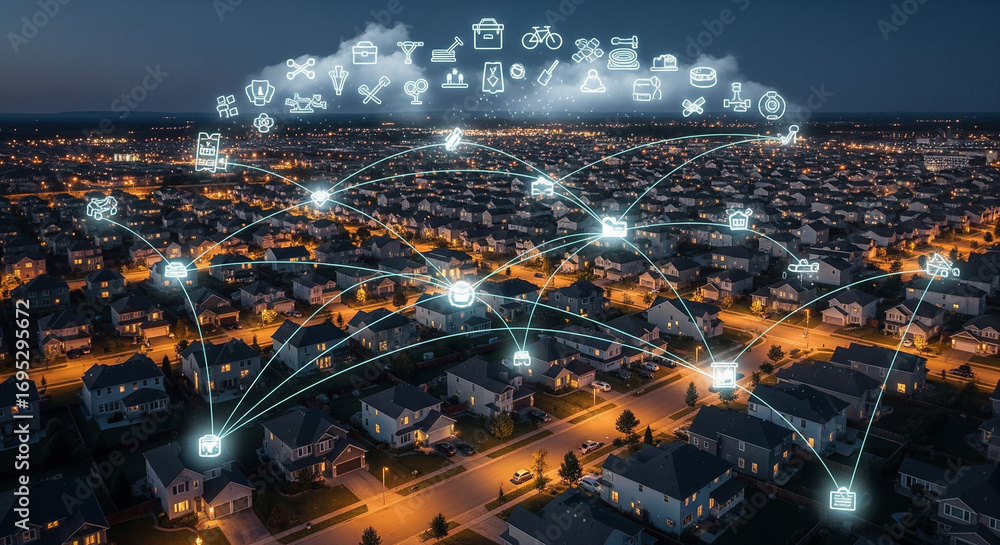 Fototapeta premium Smart City Network: Connected Homes and Cloud Computing Technology at Dusk