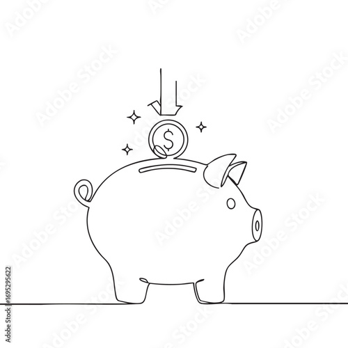 A continuous line art illustration depicts a dollar coin being deposited into a classic piggy bank, symbolizing financial savings and investment growth.