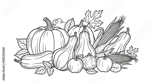 autumn harvest pumpkins, corn, apples, gourds, fall leaves, thanksgiving