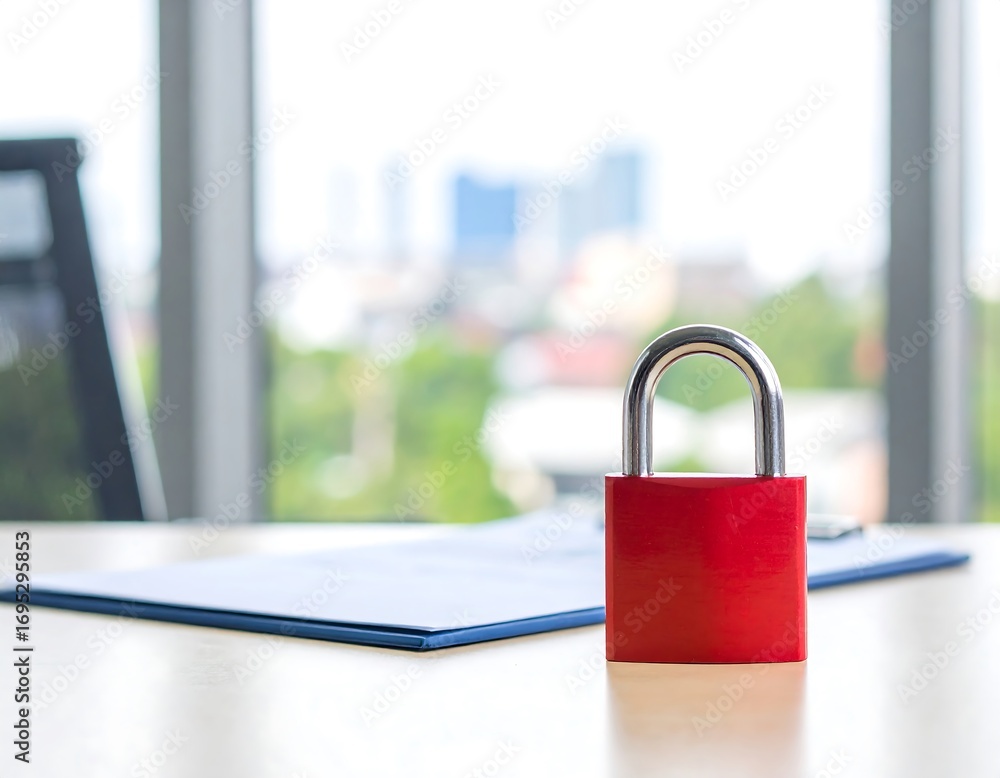 Fototapeta premium Red padlock on a desk, office view