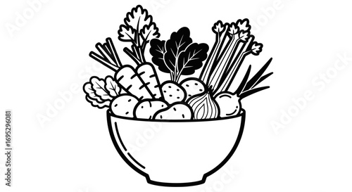 bowl of fresh vegetables, carrots, potatoes, celery, and onion healthy food illustration