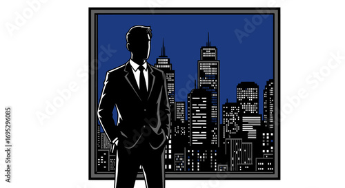 businessman silhouette at night, cityscape view, window, success, ambition