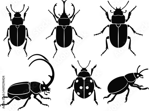 Silhouette beetle insect collection, isolated black bug shapes, entomology species variety, vector illustration, nature wildlife, scientific study, artistic design