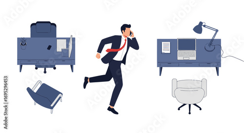 busy businessman running, office desk, chair, laptop, phone call, modern workplace, time management, efficiency concept