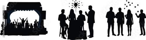 Concert crowd silhouette, party celebration scene, social gathering people, live music event, friends enjoying drinks, entertainment, nightlife, festival atmosphere illustration