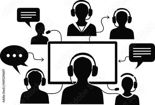 Virtual communication, customer service team, call center support, online collaboration, remote work, headset operators, business teamwork, digital meeting, technical assistance,