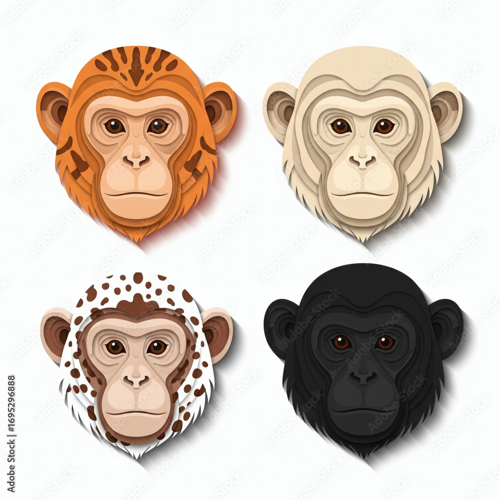 Fototapeta premium Four distinct monkey faces in paper cut style animal portraits