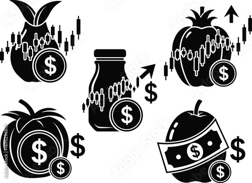 Black and white food finance illustration, candlestick chart fruits vegetables, dollar sign coins, investment market trend agriculture economy concept