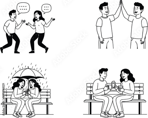 Friendship, communication, celebration, companionship, bonding, conversation, high-five, sharing, umbrella, rain, ice cream, togetherness, happiness, joy, support, connection,
